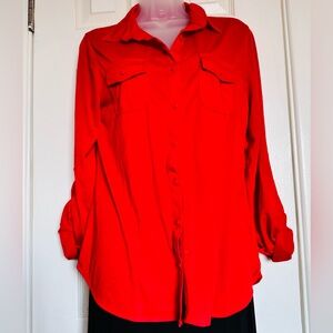 White Mark Red Long Sleeve Stretchy Button Front Shirt